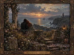 A couple sits close together on a weathered stone terrace overlooking a rugged coast at sunset. Warm amber light glows across the sea beneath blue-gray clouds, while wildflowers, ivy, scattered petals, a lantern, and an empty chair deepen the wistful mood. Rich oil textures, Celtic details, and an aged carved frame create handcrafted intimacy.