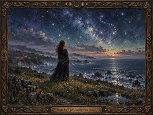 A solitary woman stands on a windswept coastal cliff beneath a vast star-filled sky, gazing across a dark, shimmering sea. Deep blues, violets, silver, and warm amber lights create a wistful, reflective mood. Rich oil-paint textures, distant village lights, rugged rocks, and an ornate Celtic-inspired frame add handcrafted detail.