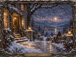 A solitary figure and loyal dog overlook a moonlit winter valley from a snow-covered cottage terrace. Warm amber lanterns and glowing windows contrast with icy blues, silvers, and violet mountains. Rich oil-paint textures, reflective pathways, frosted branches, distant village lights, and an ornate weathered frame create a nostalgic, peaceful, dreamlike atmosphere.