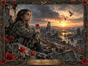 A solemn cinematic artwork depicts a young girl holding a red poppy amid the ruins of a war-torn city. Dark clouds part around a glowing sunset, illuminating shattered buildings, reflective water, drifting birds, and scattered flowers. Rich charcoal grays contrast with vivid crimson accents, rendered in detailed, textured digital painting with memorial-like framing.
