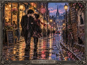 A young couple strolls closely along a rain-slicked old city street, glowing with romance and Friday-night possibility. Warm cafe lights, neon hearts, bicycles, flowers, and puddle reflections brighten the cool blue twilight. Rich painterly textures, ornate metal framing, drifting petals, and distant spires create a dreamy, nostalgic 1990s atmosphere.