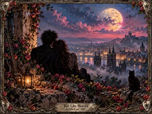 A romantic couple sits among rose-covered ruins overlooking a glowing Gothic city beneath an enormous moon and violet-pink clouds. Warm lantern light contrasts with the cool twilight, creating a dreamy, nostalgic mood. Rich painterly textures, an electric guitar, black cat, ornate metalwork, and floral details evoke intimate 1980s gothic romance.