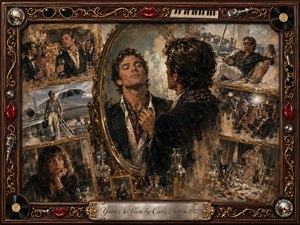 A glamorous man admires himself in an ornate mirror, surrounded by fading scenes of champagne parties, private jets, yachts, and distant romance. Warm gold, rosewood, smoky gray, and muted blue tones glow under cinematic lighting. Painterly oil, acrylic, and watercolor textures create an elegant, nostalgic collage framed with musical details.