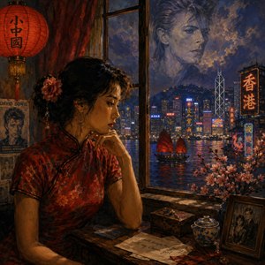 A dreamlike portrait unfolds beside a lantern-lit window, where a thoughtful woman in a crimson qipao gazes across neon Hong Kong. Bowies ghostly face drifts through the stormy sky, while red-sailed junks, cherry blossoms, vintage photographs, and a handwritten confession evoke longing, romance, cultural tension, and bittersweet memory after midnight.