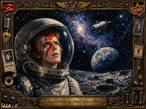 A Bowie-inspired astronaut gazes upward from a rugged lunar landscape, surrounded by deep blue space, glowing nebulae, distant Earth, and a drifting spacecraft. Rich oil-paint textures, dramatic highlights, and warm metallic tones create a mysterious, contemplative mood. An ornate gold frame incorporates records, guitars, microphones, memorabilia, and an engraved title plate.
