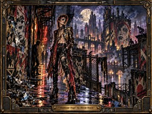 A defiant glam-rock figure strides through a rain-soaked dystopian metropolis of crumbling towers, graffiti, smoke, and prowling silhouettes. Bronze, crimson, black, and electric violet dominate beneath harsh neon and moonlight. Reflective streets, torn fabrics, mirrored debris, and industrial framing create a decadent, dangerous, post-apocalyptic theatrical atmosphere.