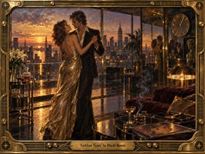 A glamorous couple dances in a luxurious high-rise apartment overlooking a glowing sunset city skyline. Warm gold, amber, and deep burgundy tones create a nostalgic, romantic mood. Reflective glass, polished surfaces, vintage furnishings, cocktails, and a record player enrich the richly textured, painterly scene, framed by ornate brass musical details.