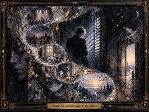 A solitary figure stands in a shadowed, dreamlike chamber as luminous memory bubbles flow in an S-curve through the scene. Deep blues, black, silver, and gold create a reflective, elegiac mood, while warm dawn light enters an arched doorway. Painterly textures, stars, feathers, an hourglass, and distant cityscapes suggest memory, mortality, and release.