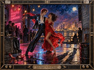 A glamorous couple dances passionately on a rain-slicked rooftop terrace overlooking a glowing industrial waterfront beneath a full moon. Fiery red fabric contrasts with deep blues, black leather, and neon reflections. Dramatic cinematic lighting, expressive painterly brushwork, wet pavement, shadowy onlookers, and an instrument-inspired metal frame create sensual, nocturnal energy.