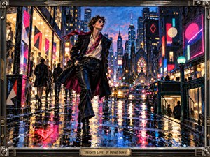 A stylish lone figure strides through a rain-slicked neon city, framed by glowing storefronts, traffic, skyscrapers, and a luminous church window. Electric pinks, blues, golds, and black reflections create restless romantic energy. Painterly textures, dramatic night lighting, leather clothing, and the metallic instrument-inspired frame evoke polished 1980s urban glamour.