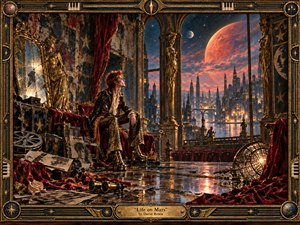 A solitary glam-rock figure sits amid the faded grandeur of an ornate theater, gazing toward a glowing futuristic city beneath a vast red planet. Deep crimson velvet, antique gold, midnight blue, and coral light create a wistful, surreal mood. Rich painterly textures, cracked mirrors, film reels, statues, and reflective floors heighten the cinematic, handcrafted atmosphere.