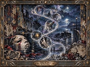 A surreal moonlit seascape unfolds within an ornate, weathered frame, where glowing memory bubbles spiral through a cosmic S-curve above dark reflective water. Cracked masks, a retro rocket, fractured faces, distant figures, ruins, roses, and a broken clock emerge in cool blues, silver, violet, and tarnished gold, creating a haunting mixed-media dream.