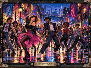 A vibrant 1980s city street erupts into joyful movement as dancers fill rain-slick pavement beneath neon lights and glowing windows. Hot magenta, electric blue, amber, and violet reflections intensify the energetic mood. Painterly acrylic textures, dynamic poses, urban murals, confetti, and an ornate music-inspired frame create a richly handcrafted celebration.