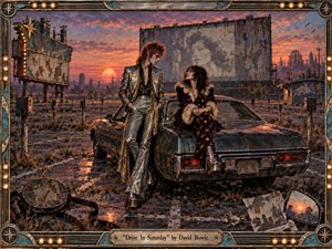A glam-rock couple lingers beside a weathered vintage car in an abandoned drive-in at sunset, surrounded by cracked pavement, rusting signs, film debris, and distant ruins. Warm orange and rose light meets smoky violet shadows, creating romantic melancholy. Rich oil-painted textures, metallic clothing, chrome reflections, and an ornate illuminated frame deepen the retro-futuristic atmosphere.
