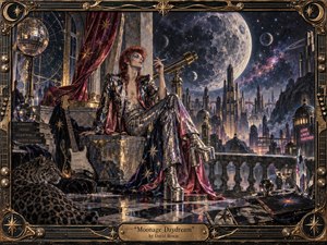 An androgynous glam-rock figure lounges in a lavish moonlit observatory above a futuristic city, surrounded by a guitar, telescope, velvet drapery, crystal objects, and a resting leopard. Midnight blues, violet, silver, and antique gold glow under dramatic celestial light, creating a decadent, dreamlike oil-painted vision framed with ornate cosmic metalwork.