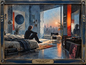 A solitary figure sits in a blue-toned 1970s room overlooking a glowing city skyline, surrounded by records, abstract art, reflections, and modern furnishings. Cool steel blues contrast with warm orange light, creating a contemplative, dreamlike mood. Textured mixed-media surfaces and a metallic decorative frame give the scene handcrafted depth.