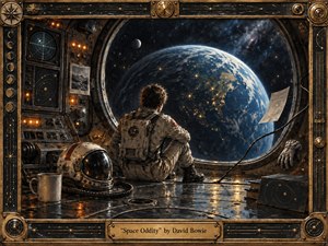 A solitary astronaut sits inside a weathered retro spacecraft, gazing through a vast circular window at glowing Earth and distant stars. Warm amber instrument lights contrast with deep blues and black space, creating reflective melancholy and isolation. Painterly metal textures, scattered objects, orbital motifs, and an ornate brass frame evoke handcrafted 1960s science fiction.