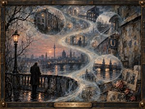 A solitary figure overlooks a rain-darkened Berlin-like city at twilight as luminous memory bubbles drift along a sweeping S-curve. Muted blue-gray, sepia, bronze, and amber tones create a wistful, reflective mood. Textured mixed-media brushwork, wet reflections, bare trees, fading architecture, and an ornate aged frame deepen the sense of memory and time.