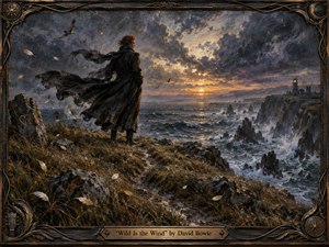 A solitary figure stands on a windswept cliff above a turbulent sea, coat billowing beneath a storm-dark sky split by warm sunset light. Jagged rocks, distant ruins, circling birds, and scattered feathers deepen the melancholic mood. Rich oil-paint textures, muted blues, charcoal grays, bronze accents, and an ornate frame create dramatic romanticism.