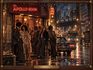 A stylish group of young adults gathers outside a glowing 1970s soul club on a rain-soaked city street. Warm amber, red, and gold neon contrasts with cool blue shadows, vintage cars, an elevated train, and smoky skyline. Painterly realism, reflective pavement, period fashion, and subtle patriotic imagery create a soulful, restless atmosphere.