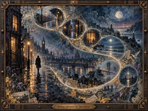 A solitary figure walks through a rain-slicked moonlit city as glowing memory bubbles curve across the scene, revealing trains, streets, windows, coastlines, and distant skylines. Deep blues, charcoal blacks, and warm amber lights create a reflective, dreamlike mood, enriched by textured painterly surfaces, gilded fragments, clocks, flowers, and an ornate musical frame.