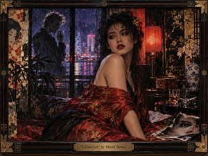 A glamorous woman in a red silk robe sits within a rain-soaked, neon-lit interior overlooking a glowing city harbor. Deep crimson, black, gold, and electric blue create a tense, seductive mood. Painterly textures, lacquered furnishings, orchids, lantern light, drifting smoke, and a shadowed male figure enrich the cinematic composition.