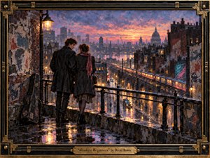 Two young figures stand close on a rain-slick rooftop, overlooking a glowing twilight city of trains, domes, chimneys, and wet streets. Warm amber lights shimmer against violet, rose, and blue skies, creating romantic melancholy and cautious hope. Textured mixed-media brushwork, peeling walls, reflections, and an ornate brass-black frame enrich the cinematic scene.