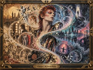 An androgynous glam-rock figure anchors a flowing S-curve of memories, reflections, cityscapes, and luminous bubbles. Warm sepia tones shift into teal, plum, coral, and midnight blue beneath theatrical light. Mixed-media textures, mirror shards, vinyl motifs, and metallic accents create a restless, dreamlike portrait of reinvention within an ornate brass frame.