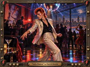 A glamorous red-haired dancer in a cream suit commands a neon-lit 1980s nightclub overlooking a sparkling city skyline. Rich reds, blues, golds, and mirrored reflections create energetic sophistication. A live band, disco ball, dancing silhouettes, and dramatic spotlights surround him, framed by ornate metallic music-inspired detailing and a polished title plaque.