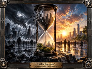 A monumental hourglass stands at the center of a fractured cityscape, dividing a storm-darkened world of ruins and shadow from a radiant urban landscape bathed in golden sunlight. Wet ground reflects dramatic skies, distant figures move forward, and ornate industrial metal framing adds weight, tension, and handcrafted theatrical detail.