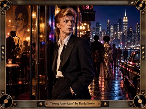 A sharply dressed figure stands between a glowing soul-club interior and a rain-slicked city night, capturing restless glamour and urban cool. Warm amber light contrasts with deep blues, purples, and neon reflections, while musicians, dancers, vintage cars, and skyline lights create layered depth within an ornate black-and-gold record-inspired frame. SongData_Young_Americans_David_Bowie_1975
