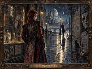 A solitary glam-rock figure stands on a rain-slicked street beneath a vast moonlit sky, confronting reflections, masks, and a distant shadowy double. Deep blues, bronze, crimson, and gold create a mysterious, theatrical mood. Ornate metal framing, wet reflections, fractured glass, and surreal architecture evoke identity, illusion, fame, and isolation.
