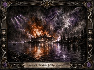 A fiery lakeside casino burns beneath towering clouds of charcoal smoke, its orange glow shimmering across dark water. Purple highlights and a ghostly electric guitar emerge through the haze, creating an ominous classic-rock atmosphere. An ornate metallic frame with guitar strings, picks, amplifier controls, gold detailing, and an engraved title plate completes the dramatic composition.
