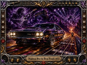 A roaring purple muscle car tears down a glowing guitar-string highway beneath a storm of lightning, spectral guitars, amplifiers, and stage lights. Fiery orange sparks contrast with deep violet skies and polished chrome. The dramatic oil-painted scene feels fast, rebellious, and electrifying, enclosed by an ornate rock-themed metallic frame.