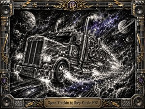 A colossal chrome space truck charges through a stormy universe of planets, asteroids, lightning, and swirling nebulae. Deep charcoal textures and silvery highlights create a fierce, hand-drawn intensity, accented by subtle purple glows. An ornate metallic frame of speakers, strings, stars, and gold details reinforces the explosive hard-rock atmosphere.
