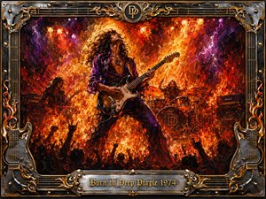 A fiery 1970s rock concert erupts around a commanding guitarist and drummer, framed by roaring flames, smoke, and shadowed fans. Blazing orange, red, gold, and deep purple lighting intensifies the explosive mood. Rich oil-painted textures, amplifier stacks, metallic guitar motifs, ornate chrome-gold framing, and the engraved title plate complete the dramatic composition.