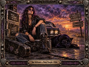 A defiant rocker lounges beside a black muscle car and shadowy panther on a rain-dark desert road at sunset. Purple storm clouds, fiery orange light, battered road cases, worn leather, and rugged metal textures create a rebellious hard-rock mood, framed by ornate guitar-inspired hardware and vintage concert styling.