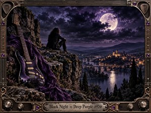 A lone rocker overlooks a moonlit river valley beneath turbulent violet clouds, with a glowing castle town reflected in dark water. A purple electric guitar and draped fabric dominate the rocky foreground. Ornate metalwork, amplifier knobs, guitar strings, gemstones, and a weathered title plate frame the cinematic, brooding scene.