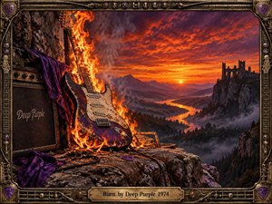 A blazing electric guitar leans against a rugged amplifier on a rocky cliff above misty mountains, a winding river, and a ruined castle at sunset. Fiery orange light, deep purple cloth, drifting smoke, glowing embers, and an ornate metallic frame create a dramatic, handcrafted fantasy-rock atmosphere.