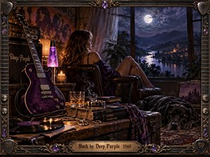 A woman relaxes in a dark leather chair beside a sleeping dog, surrounded by a purple electric guitar, amplifier, records, candles, and drifting smoke. Moonlight pours through tall windows onto a misty riverside town, balancing cool violet blues with warm amber light in a richly detailed retro rock interior.
