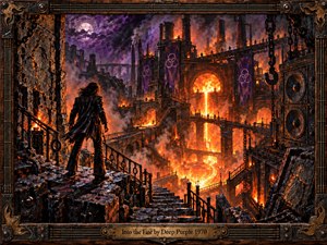 A lone dark figure overlooks a vast infernal industrial city of furnaces, bridges, towers, chains, and molten fire. Blazing orange light cuts through smoky purple skies, casting dramatic shadows across blackened stone and iron. The richly textured, hand-painted scene feels dangerous, theatrical, and apocalyptic, framed with ornate metalwork and instrument details.