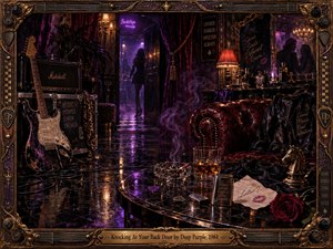 A shadowy backstage lounge glows with violet neon, amber lamps, and reflected stage light. A worn guitar, amplifier, leather chair, whiskey glass, smoke, rose, and half-open doorway create a tense atmosphere of temptation and secrecy. Ornate bronze framing and richly textured surfaces give the scene a theatrical, handcrafted noir character.
