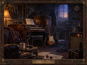 A smoky 1972 rehearsal room glows with amber lamplight and cool blue dusk, surrounding a weathered organ, electric guitar, drums, amplifier, scattered music, and worn leather furniture. Rich browns, brass details, haze, cables, and distressed textures create a relaxed, nocturnal rock atmosphere with cinematic depth and handcrafted realism.