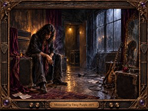 A weary long haired musician sits alone in a rain darkened backstage room, surrounded by amplifiers, cables, a guitar, scattered papers, and a cracked mirror. Warm amber lamps contrast with cold blue window light, creating a brooding mood. Rich oil painted textures, worn wood, smoke, velvet, and ornate bronze framing deepen the melancholy atmosphere.