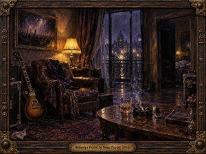 A richly textured oil-style interior shows an empty, rain-soaked hotel suite glowing with amber lamplight against deep violet night. A worn leather chair, electric guitar, whiskey glass, smoking ashtray, scattered cases, and unmade bed create a lonely, reflective mood framed by ornate dark wood and aged brass.