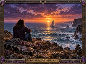 A solitary long-haired figure sits on a rugged sea cliff, watching a sailboat cross glowing sunset waters beneath dramatic purple and orange clouds. Crashing waves, seabirds, wildflowers, a distant lighthouse, and a weathered guitar case create a reflective 1970s rock atmosphere, framed with ornate metallic musical details.