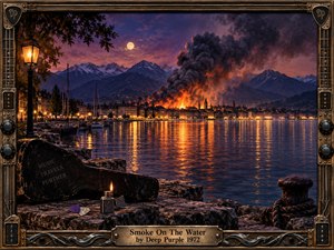A moonlit lakeside city burns beneath towering black smoke, its orange fire reflected across dark rippling water. Mountains rise behind the glowing shoreline while boats, stone docks, a lantern, guitar case, picks, and lighter add intimate rock imagery. The detailed painted scene is enclosed by an ornate bronze guitar-inspired frame.