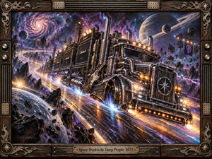 A colossal retro-futurist truck rockets through a vivid cosmic highway, surrounded by planets, asteroids, swirling galaxies, and blazing trails of orange, blue, and violet light. Heavy metallic textures, glowing lamps, industrial exhaust stacks, and guitar-inspired details create a thunderous 1970s hard rock mood framed in ornate, weathered metal.