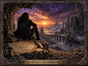 A lone long-haired musician overlooks a vast ruined valley beneath dramatic purple and gold storm clouds. Ancient bridges, crumbling towers, misty mountains, and a blindfolded statue of justice create a brooding, mysterious atmosphere. Warm sunset light contrasts with dark stone textures, while a guitar, books, parchment, and ornate frame add symbolic detail.