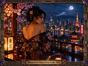 A poised woman in a floral kimono overlooks a glowing Tokyo nightscape from a lantern-lit terrace. Cherry blossoms frame neon towers, a pagoda, reflective water, and distant Mount Fuji beneath a full moon. Warm amber light contrasts with deep blues and magentas, creating a cinematic, romantic 1970s rock-poster atmosphere.